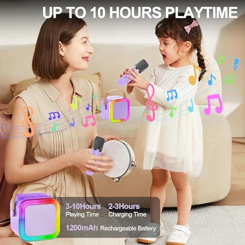 Kids Karaoke Machine Toy for Ages 3-12, Rechargeable Portable Bluetooth Speaker with 2 Wireless Mics, LED Lights Voice Changer, Christmas Birthday Gift for Boys Girls Grandkids (Purple -2) - Thumbnail 6