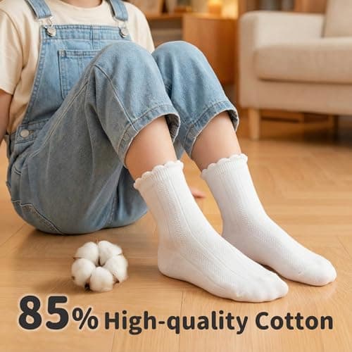 HONGTEYA Ruffle Socks for Girls Kids Cotton Crew Ankle Cute Frilly Dress Socks (US, Age, 4 Years, 6 Years, White) - Thumbnail 4