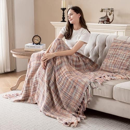 Feabuccy Soft Neon Color Knit Throw Blanket with Tassels, Cozy Boho Home Decro Throw for Sofa Couch Chair Bed, 50X60 Inch, Machine Washable, Pink Color Scheme - Image 1