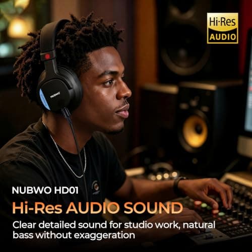 NUBWO Studio Headphones Wired, Hi-Res Over Ear Headphones with 3.5/6.35mm Detachable Jack, 180° Flip Earpads, 45mm Drivers Professional Monitor Headsets for Mixing, DJ, Recording, Guitar, Piano-HD01 - Thumbnail 2