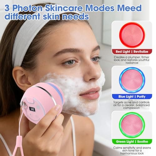 Electric Facial Cleaner with 6 Modes & 3 Light Effects, Rechargeable Waterproof Face Scrubber for Women and Men, Includes Extra Brush Head, Easy-Clean Hanging Design (Pink) - Thumbnail 2
