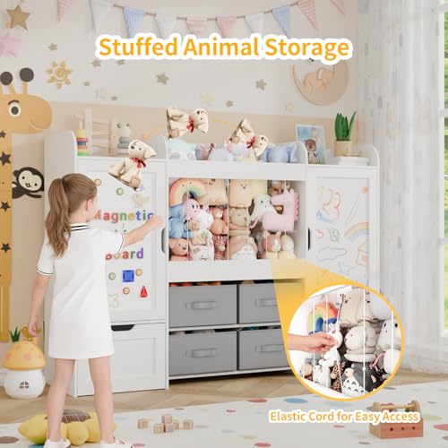 VortinT 61"W Toy Storage Organizer, Kids Bookshelf with 122L Stuffed Animal Storage, 2 Magnetic Drawing Boards, 2 Movable Toy Boxes and 4 Fabric Bins, Wooden Shelf for Kids Room/Playroom/Living Room - Thumbnail 4