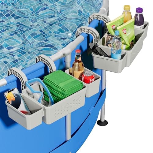Kompoll [Patented] Poolside Storage for Above Ground Pool Accessories, Thickened Plastic Pool Basket with 2 Pool Cup Holder, Multifunctional Poolside Holder Fits for Most Frame Pools (2 Pack) - Image 1