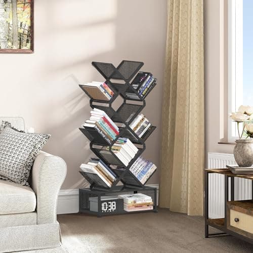 Gintan 9-Tier Space Saving Book Shelf with Storage,Bedroom Shelves Folding Bookshelves,No Installation Required Shelf Tree Metal Bookshelf for Living Room,Study,Home Office,Bed Room (Black) - Thumbnail 2