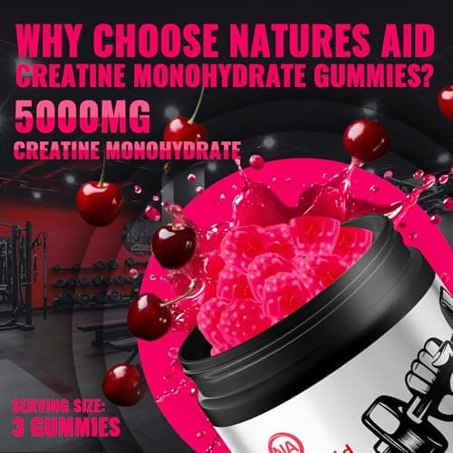 Natures Aid Creatine Monohydrate Gummies – Pre-Workout Energy & Muscle Growth Support for Men & Women | Cherry Electrolyte Gummies (135 Count) - Thumbnail 5