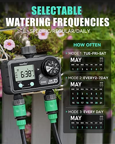 RAINPOINT Sprinkler Timer with 3 Different Programs, Hose Timer for Garden Hose with Rain Delay/Manual Watering/Automatic Irrigation System for Garden, 2 Outlet - Thumbnail 3