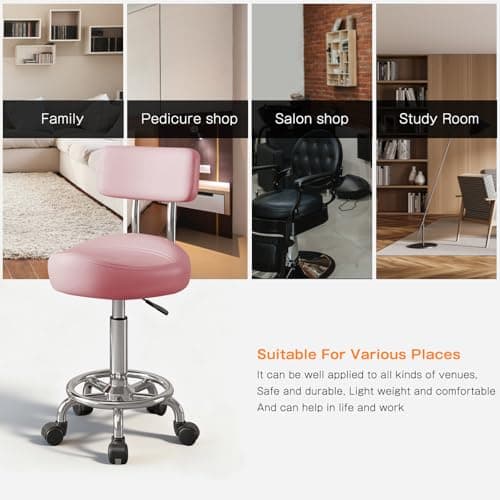 Walktory Vanity Chair with Back Small Armless Office Chair with Wheels and Footrest, PU Leather Adjustable Height Swivel Chair for Bedroom, Home Office Pink - Thumbnail 5
