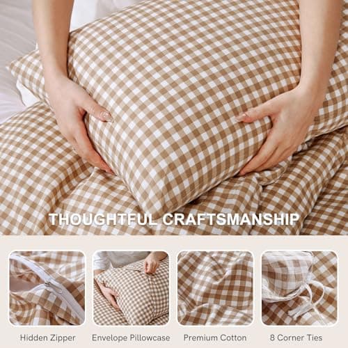 Yuncojin Gingham Duvet Cover Set Queen Size 3 Pieces Plaid Grid Duvet Cover,100% Cotton Plaid Comforter Cover,Farmhouse Checkered Gingham Bedding - Thumbnail 5