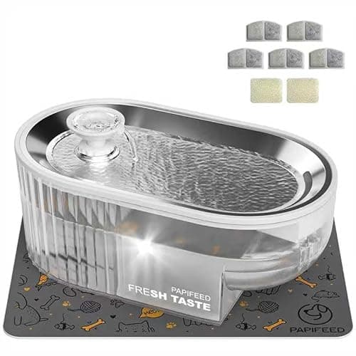 Cat Water Fountain Stainless Steel with a Silicone Mat, 84oz/2.5L Automatic Cat Water Fountain with Water Level Window and LED Light, Quiet Low Power Cat Water Bowl & Cat Water Dispenser(White) - Image 1