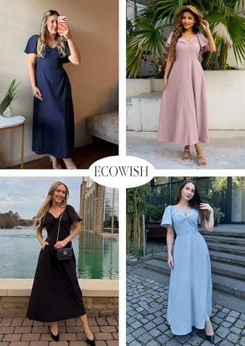ECOWISH Womens Summer Maxi Dresses: 2026 Casual Flutter Short Sleeve Twist Front Long Flowy Wedding Guest Dress with Pockets 482Navy Blue M - Thumbnail 6