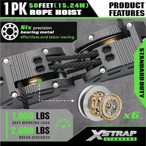 XSTRAP STANDARD Heavy-Duty 2,000LB 50 Feet Rope Hoist Pulley 1 Ton Wheel Block and Tackle System 5:1 Ratio Lifting Power with 2PK 18 Inch Soft Loops (Upgraded 50ft Black) - Thumbnail 2