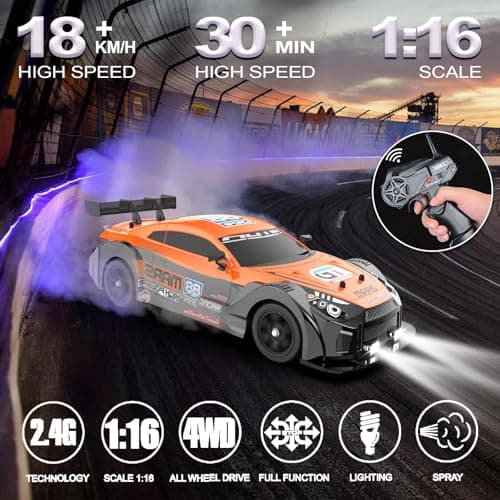 Desdoni Remote Control Car RC Drift Car 1/16 Scale 4WD with LED Lights 2.4ghz 18km/H Rechargeable High Speed Drift Racing Sport Toy for Adults Boys Girls Kids Gift 2pcs Batteries and Extra Tires - Thumbnail 2