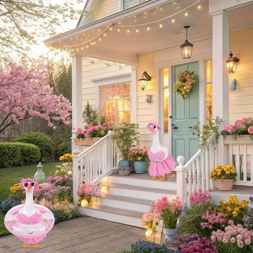 yuboo Summer Porch Goose Outfit Bikini Goose Outfits, Pink Easter Geese Outfits Clothes Costume with Sunglasses Swim Ring for 23in Summer Spring Porch Goose Outdoor Statues - Thumbnail 2