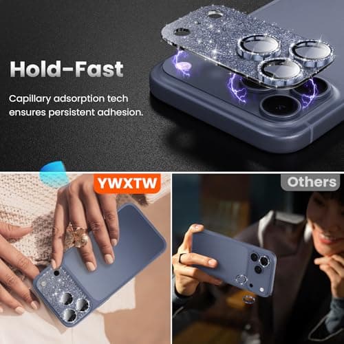 YWXTW for iPhone 17 Pro Camera Lens Protector, [Upgraded Glitter Design] Full Bling Sparkly Diamond Tempered Glass Screen Protector Metal Camera Cover Accessories (Glitter Blue, iPhone 17 Pro) - Thumbnail 5