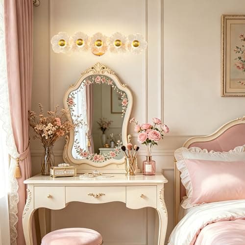 TYhogar 26.7" Gold Bathroom Light Fixtures 5 Light Floral Vanity Lights, 3-Color Dimmable Bathroom Vanity Light Elegant Led Wall Lights Cordless Wall Sconces for Decor,Bathroom,Livingroom - Thumbnail 3
