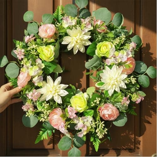 26" Artificial Spring Wreath for Front Door - Large Silk Hydrangea Daisy Rose Mixed Floral Wreath - Farmhouse Porch Wall Decor, Easter Mother's Day Decoration (Multicolor) (Pink, 24in) - Image 1