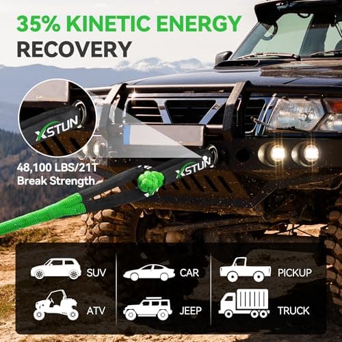XSTUN 1" Kinetic Recovery Rope 48100lbs Breaking Strength, 30ft Snatch Rope with 35% Stretch, Offroad Tow Rope Kit with Level 5 Cut-Resistant Gloves, Compatible with Jeep, Truck (Green) - Thumbnail 5