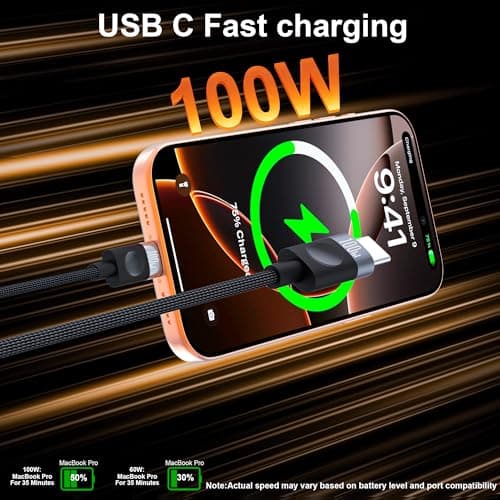 USB C to USB C Cable 100W,Type C Charger Fast Charging(3.3ft, 2-Pack) Braided Nylon Cord for Car,Compatible with MacBook Pro/Air, iPad Pro, iPhone 17/16/15, Samsung S23-S25-Black - Thumbnail 3