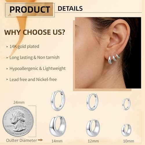 ALLHOLA 6 Pairs 14K Gold Plated Hoop Earrings for Women Hypoallergenic Small Huggie Hoops Earring Set for Sensitive Ears Non Tarnish Trendy Chunky Gold/Silver Earrings Cartilage Stacks for Multiple Piercing Jewelry Lightweight (Silver hoops) - Thumbnail 6
