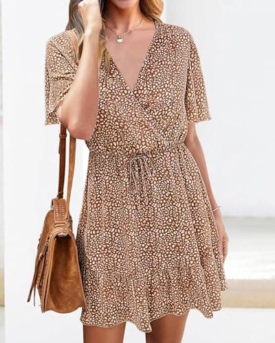 KIRUNDO Womens Summer Dresses 2026 Casual Spring Short Sleeve V Neck Ruffle Floral Print High Waist Belted Flowy Mini Dress(Coffee, Large) - Thumbnail 5