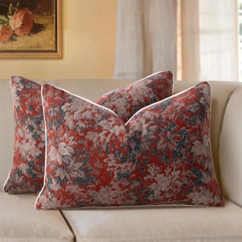 Haguko Pack of 2 Vintage Floral Throw Pillow Covers 12x20 Tapestry Chenille Soft Decorative Farmhouse Rectangular Accent Pillow Cases for Couch Bedroom Living Room Home Decor, Rust - Image 1