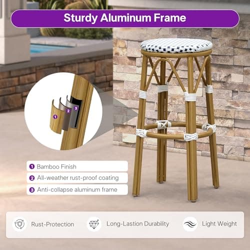PURPLE LEAF Outdoor Round Bar Height Stool Set of 2 Patio Backless Barstools Aluminum Frame in Bamboo Finish with White & Blue Woven Rattan for Indoor Kitchen Dining Bistros Cafe Restaurant - Thumbnail 4