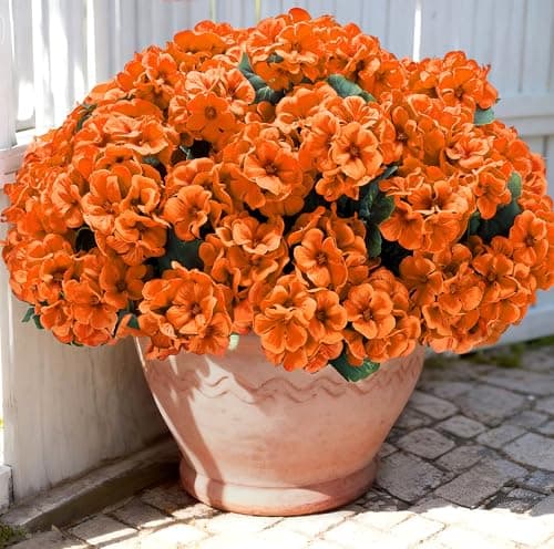 Karlliu Artificial Geranium Flowers for Outdoors: 6 PCS Realistic UV Resistant Faux Red Geranium Silk Flowers for Outdoor Planters Fade Proof Garden Fake Flowers Decor for Outside Porch - Orange - Image 1