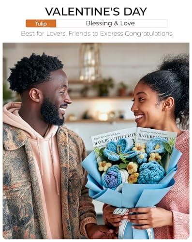 Lizzton Crochet Flowers Bouquet Valentine's Day Gift for Wife Girlfriend Mother Women, Handmade Artificial Knit Blue Rose Tulip Flower for Wedding Anniversary Birthday Valentine Present, Home Decor - Thumbnail 2