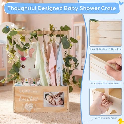 LLMQ Wooden Baby Shower Crate Closet, Personalized Baby Shower Basket with Wreath & Hanger, Love at First Sight Sonogram Picture Frame, Baby Clothes Storage Box for Ideal Pregnancy Gift - Thumbnail 6