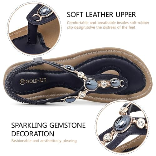 Goldnut Flat Sandals for Women Bohemian, Summer Comfortable Slingback Arch Support Thong Flats Dressy with Rhinestone Decor Navy Blue Size 6.5 - Thumbnail 4