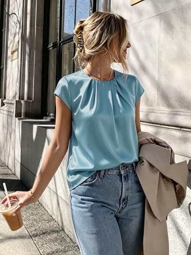Funlingo Silk Tops for Women Summer Dressy Casual Satin Flowy Blouses Office Work Loose Cap Short Sleeve Shirts Business Casual Outfits Turquoise 2XL - Thumbnail 2