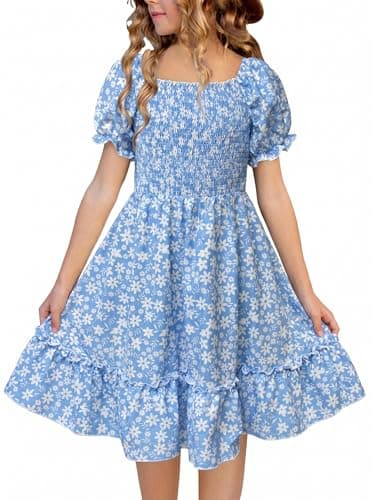 FREELYVE Girls Summer Floral Smocked Dress Square Neck Puff Sleeve Ruffle School Party Teen Sundress,Lightblue,10-11Y - Image 1