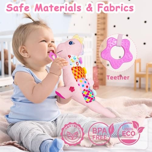 Baby Dino Plush Soft Stuffed Animal Toy for 0-3-6-12+ Months,Infant Musical Toy with Rattle,Squeaker,Sensory Crinkle,Teether & Textures,Tummy Time Toys Christmas Baby Gift for Newborn Girl(Pink) - Thumbnail 3