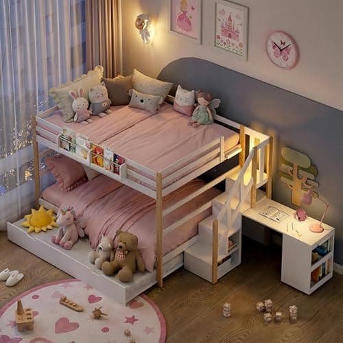 smilesun Solid Wood Twin Over Twin Bunk Bed with Desk, Stairs & Trundle - Image 1