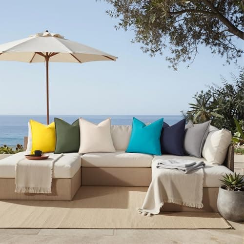 decorUhome Outdoor Waterproof Faux Linen Throw Pillow Covers 18x18 Inch Set of 2 Decorative Vibrant Farmhouse Pillow Cases with Flange Edges for Summer Couch Garden Patio Balcony Porch, Yellow - Thumbnail 6