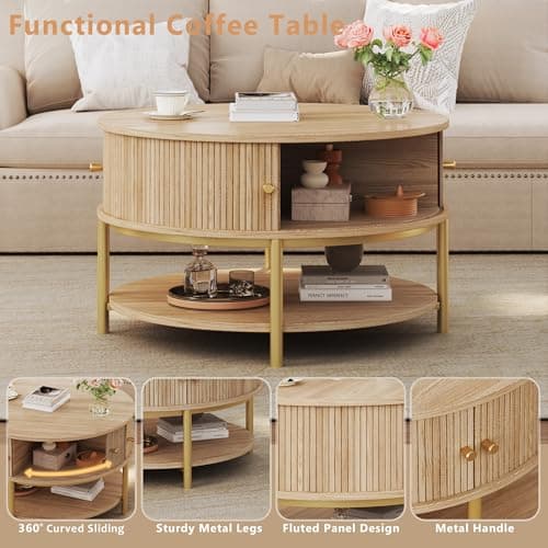 23.6" Round Coffee Table with Storage, 3-Tier Small Round Coffee Table with Sliding Cabinet Door & Round Metal Legs, Mid Century Modern Coffee Tables for Living Room, Oak - Thumbnail 3