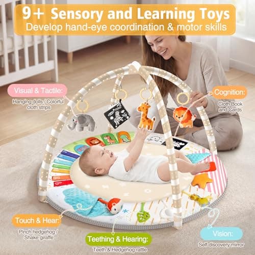 URMYWO Tummy Time Mat - Comfortable Baby Floor Play Mat Activity Gym for 0-3-6-18 Months, 6 Developmental Zones with 5 Detachable Toys for Motor Skills Sensory Development, Baby Essentials Shower Gift - Thumbnail 3