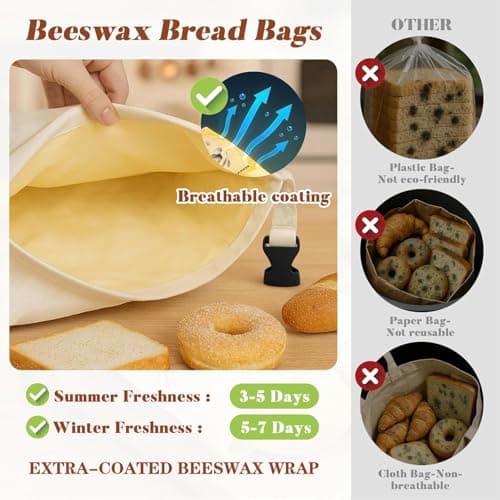 Beeswax Bread Bags for Sourdough & Homemade Bread XL 17x13 Inch, Reusable Bags for Homemade Bread Sourdough, 2 Packs Cotton Bread Storage Bags for Freezer & Refrigerator (White) - Thumbnail 2