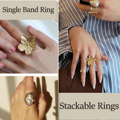 FAXHION Gold Rings for Women Non Tarnish Statement Flower Ring Set, 14K Gold Plated Stackable Open Stacking Rings, Knuckle Trendy Ring Jewelry Valentine's Day Gifts, 12PCS - Thumbnail 4