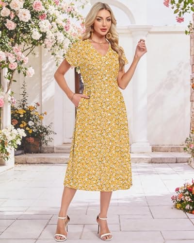 MOLERANI Summer Women's 2026 V Neck Casual Short Sleeve Midi Dress Waffle Knit Flowy Pockets Button Womens Maxi Boho Dresses Spring Floral Sundress Beach Vacation Outfits Comfy, YE S Floral, M - Thumbnail 6