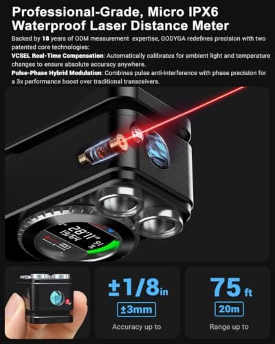 GODYGA TorchEye UDa 7-in-1 EDC Flashlight with Laser Distance Meter, Digital Angle Finder, 650 LM White & 365 nm UV Light, Area Calculator, Height Measurement, Rechargeable Magnetic Work Light for DIY - Thumbnail 3