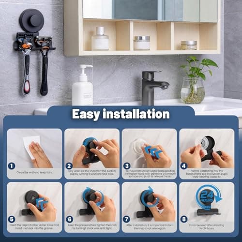 warlve No-Drill Suction Cup Razor and Shaver Holder, Stainless Steel Shower Hook for Towel & Loofah, Damage-Free Reusable Bathroom Wall Organizer 2 Pack Matte Black - Thumbnail 6