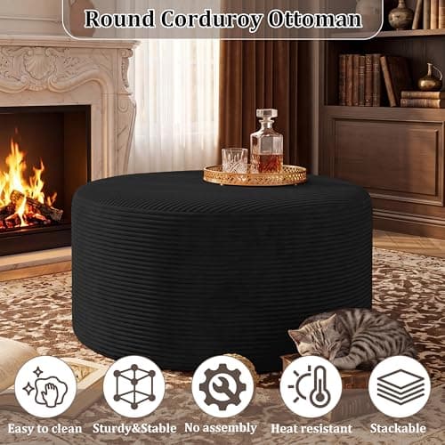 BSHOMGI Round Coffee Table Ottoman for Corduroy Cloud Sectional Couches in a Box Memory Foam Compressed Pouf Footstool Rest for Living Room, Bedroom, Makeup Room No Assembly Require(Black, 32") - Thumbnail 6
