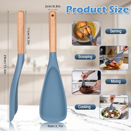 Cooking Spoon Set for Non-Stick Cookware - Wooden Handle & Multifunction Cooking Spoon Spatula, Heat-Resistant Kitchen Utensils for Stirring, Mixing, Serving (1 PACK, BLUE, 11.4) - Thumbnail 2