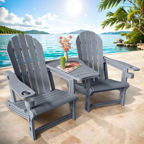 Adirondack Chairs Set of 2 Tool-Free Assembly,Removable Tabletop Tray,No Screws Needed,All-Weather HDPE Outdoor Patio Furniture Set with Cup Holders,Outdoor Lawn Chair for Patio Garden(Stone Grey) - Image 1