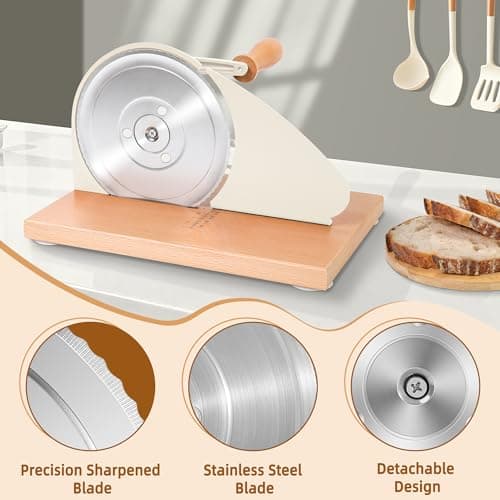 CAWIU Upgraded Manual Bread Slicer for Homemade Sourdough Bread - Adjustable Thickness Bread Cutter with Hand Crank, Suction Cups, Slicing Guide, Scale Line & Cover, for Perfect Even Slices (Cream) - Thumbnail 4