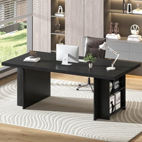 FOLUBAN 70" Black Computer Desk, Large Executive Desk for Home Office, Modern Wood Conference Table Workstation with Side Storage Shelves, Long Study Writing Gaming Table for 2 Person - Thumbnail 3