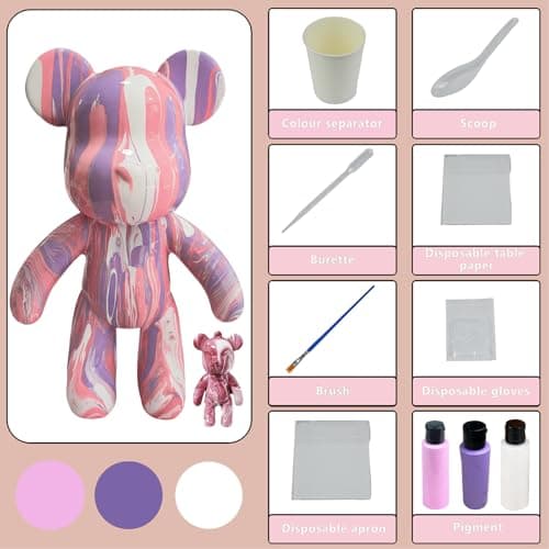 Coniuty DIY (Pink+White+Violet, 9 Inch) Fluid Bear + Bear Keychain Figure Paint Set for Creative Graffiti Art Multicolor Painting - Thumbnail 3