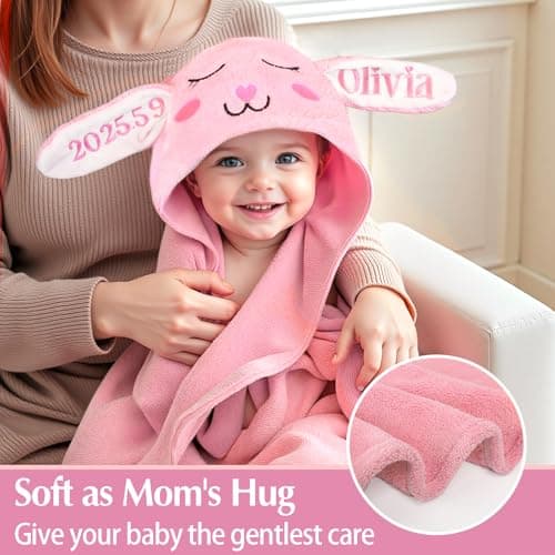 Individz Custom Hooded Bath Towel with Name, Personalized Highly Absorbent Bunny Towels, Baby Bath Towels for Girls Boys, Brithday for Baby, Toddler, Newborn (Pink-Bunny) - Thumbnail 5