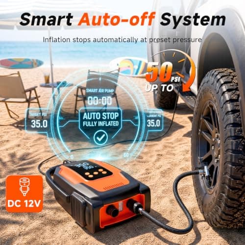 Paddle Board Electric Pump, 50 PSI High Pressure SUP Pump with Auto-Off, 12V DC Paddleboard Pump with Inflation & Deflation, 8 Nozzles Air Pump for Paddle Board, Inflatables, Kayaks, Car Tires, Orange - Thumbnail 4